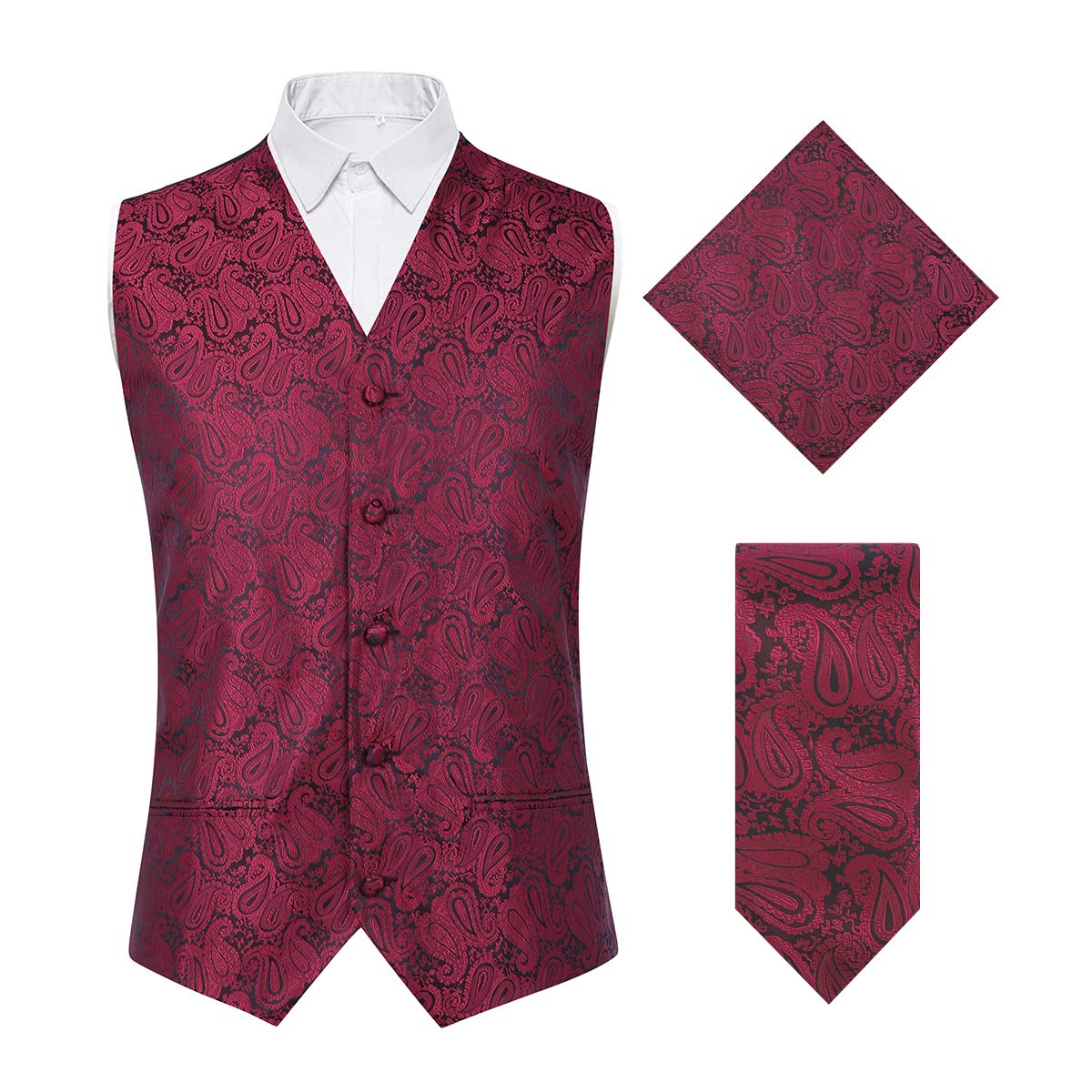 YFFUSHI Men's 3pc Vest Set Floral Waistcoat Necktie Pocket Square Wine Red