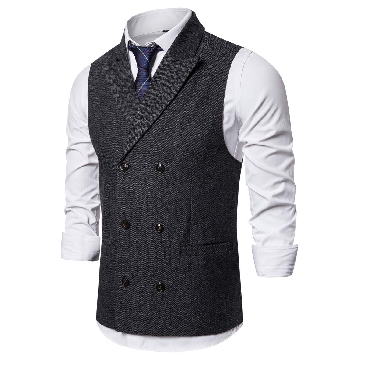 YFFUSHI Mens Slim Fit Stripes Double Breasted Premium Button Down Vest Dark Gray