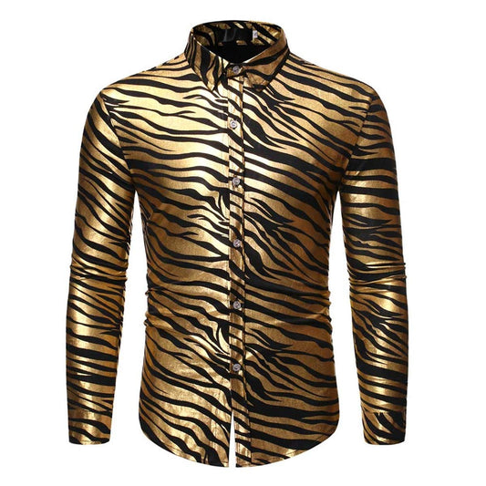 YFFUSHI Mens Casual Long Sleeve Shirt Hot Stamping Luxury Floral Button Down Tops Blouses Gold