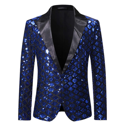 YFFUSHI Men's Sequins Suit Jacket 1 Button Dance Shiny Dress Tuxedo Blazer Blue