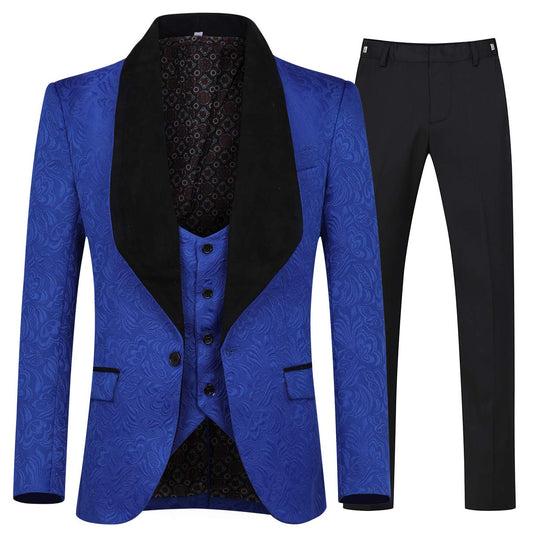 YFFUSHI Men's 3 Piece Suit Jacquard Tuxedo One Button Shawl Collar Blue