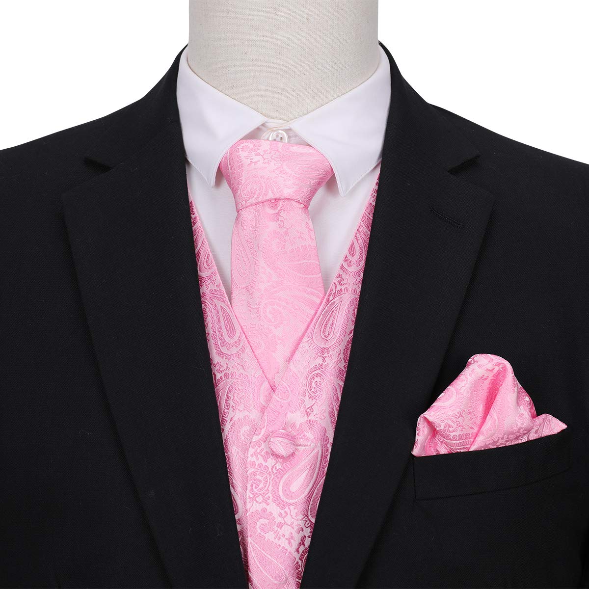 YFFUSHI Men's 3pc Vest Set Floral Waistcoat Necktie Pocket Square Pink