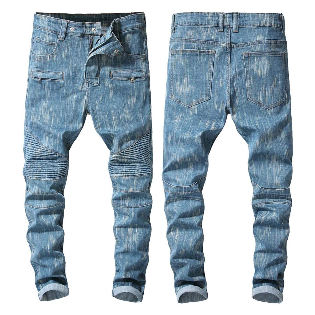 YFFUSHI Men's Distressed Ripped Jeans Long Straight Slim Fit Denim Jeans Casual Pants Trousers Blue 3