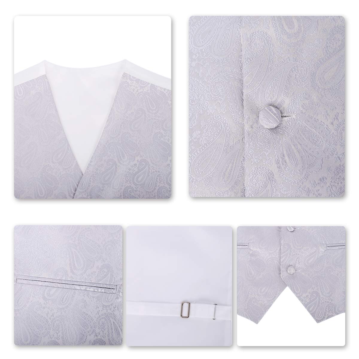 YFFUSHI Men's 3pc Vest Set Floral Waistcoat Necktie Pocket Square Grey