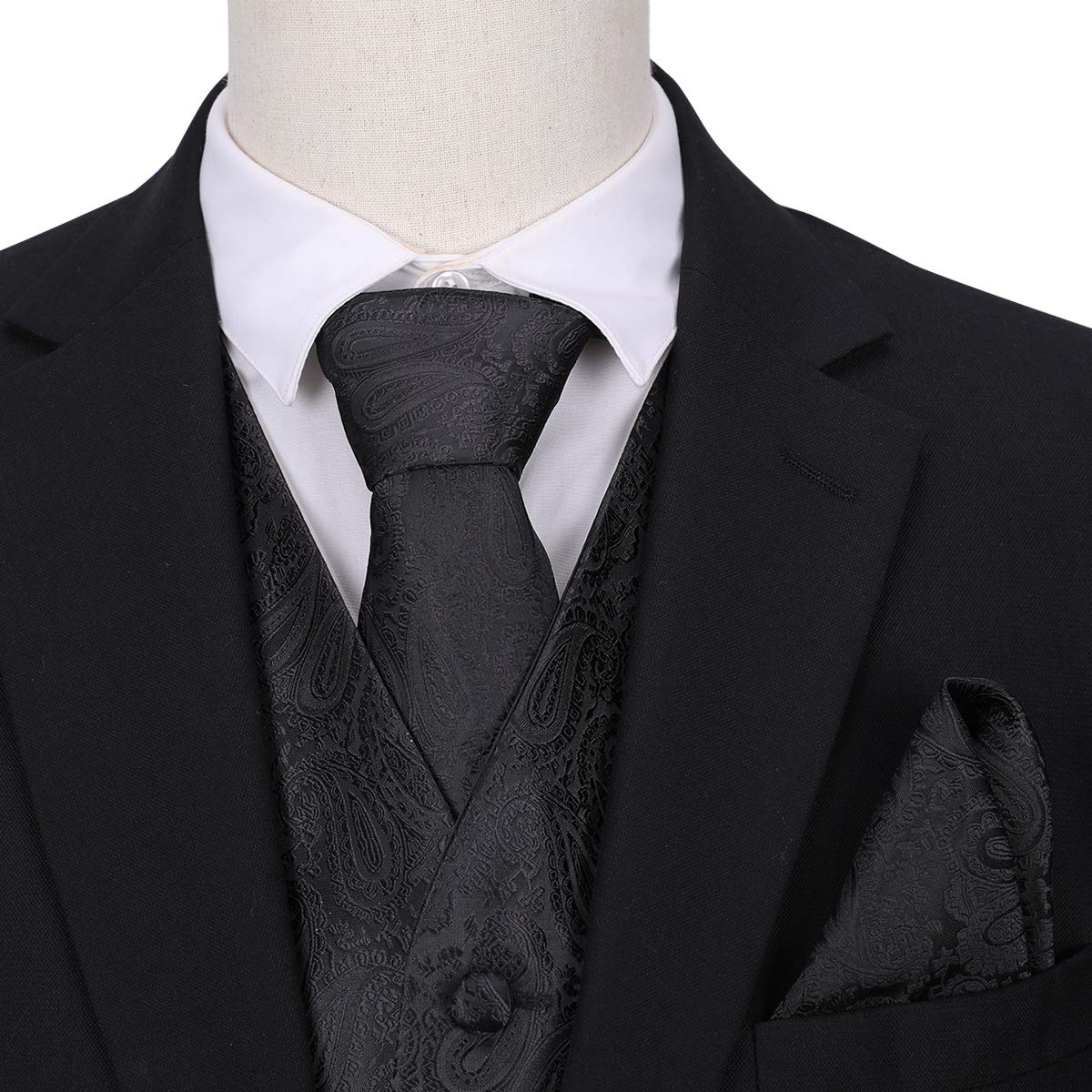 YFFUSHI Men's 3pc Vest Set Floral Waistcoat Necktie Pocket Square Black