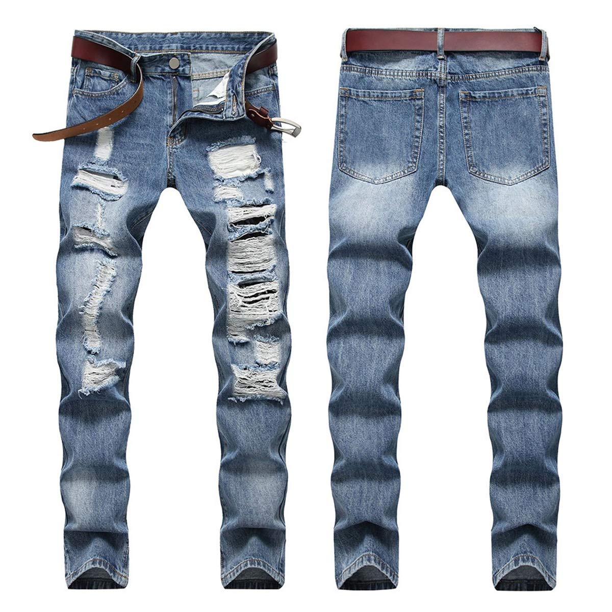 YFFUSHI Men's Ripped Distressed Destroyed Slim Fit Straight Leg Fold Denim Jeans Blue