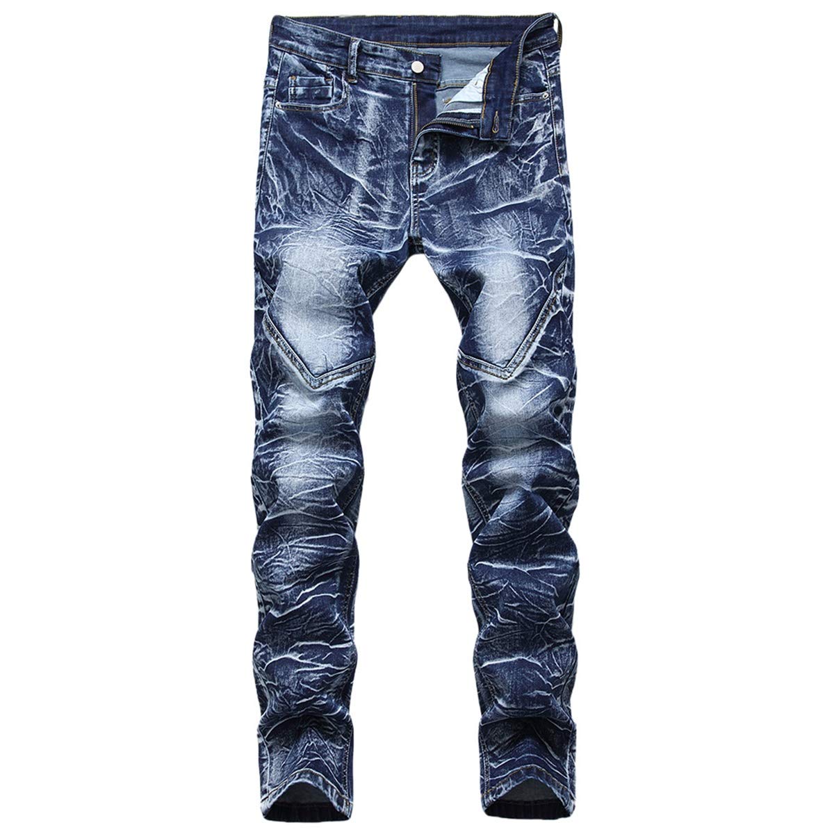 YFFUSHI Men's Distressed Ripped Jeans Long Straight Slim Fit Denim Jeans Casual Pants Trousers Blue 1