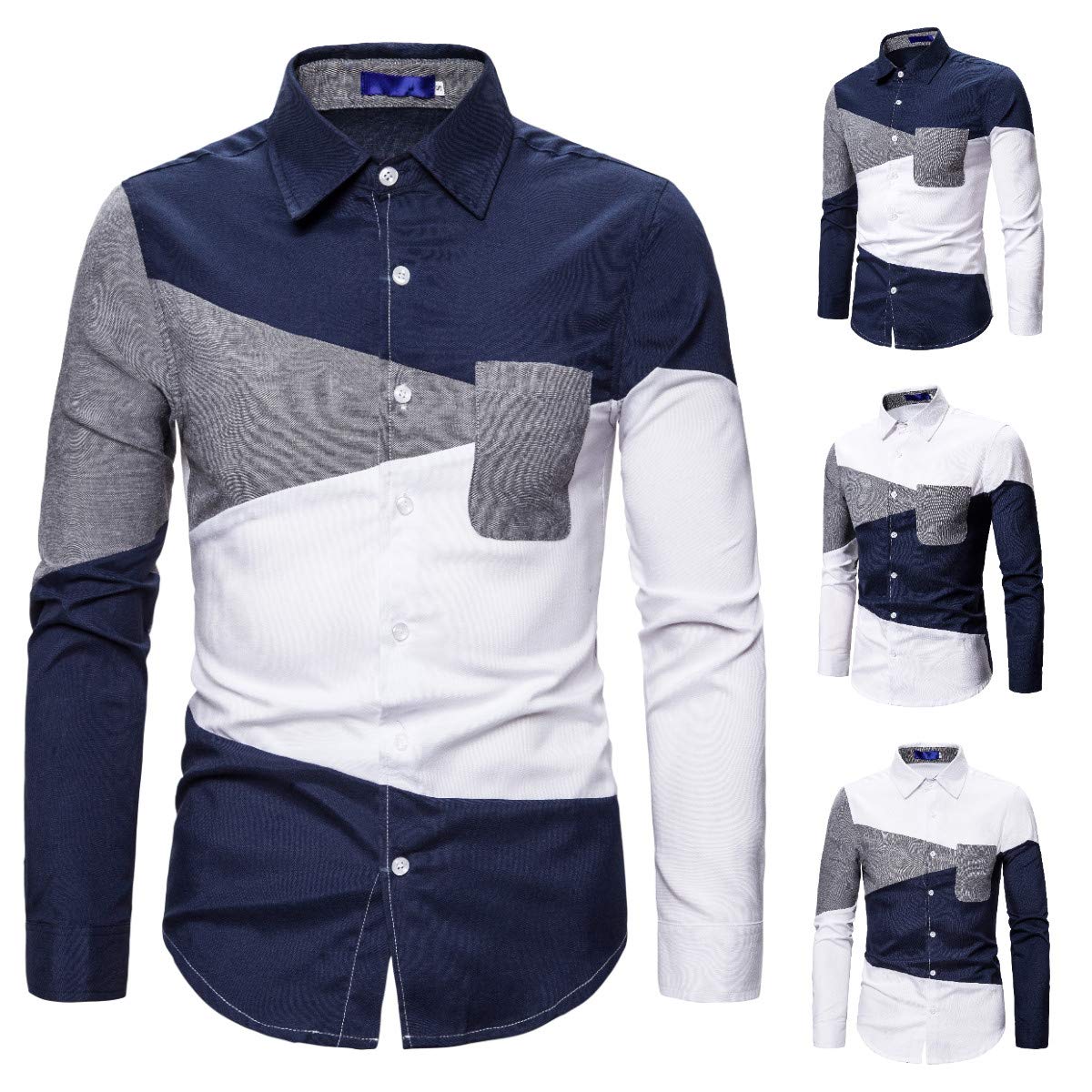 YFFUSHI Men's Casual Long Sleeves Shirts Button Down Slim Fit Comfort Daily Dress Shirts Navy Collar