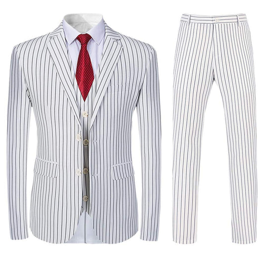 Mens White Formal Pinstripe Slim Fit Notched Lapel 3 Piece Suit