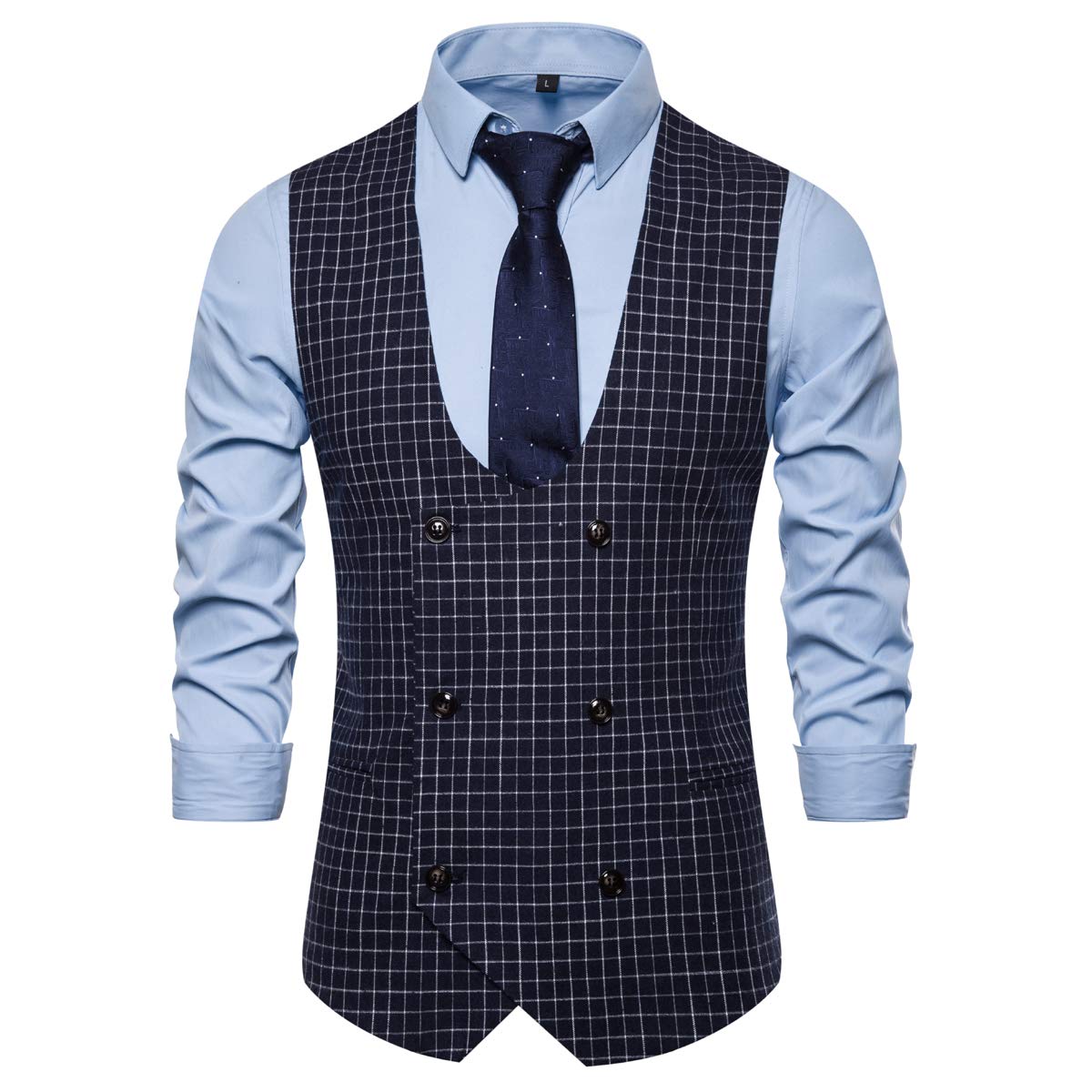 YFFUSHI Mens Casual Plaid Suit Vest Slim Fit U Neck Business Dress Premium Waistcoat Navy