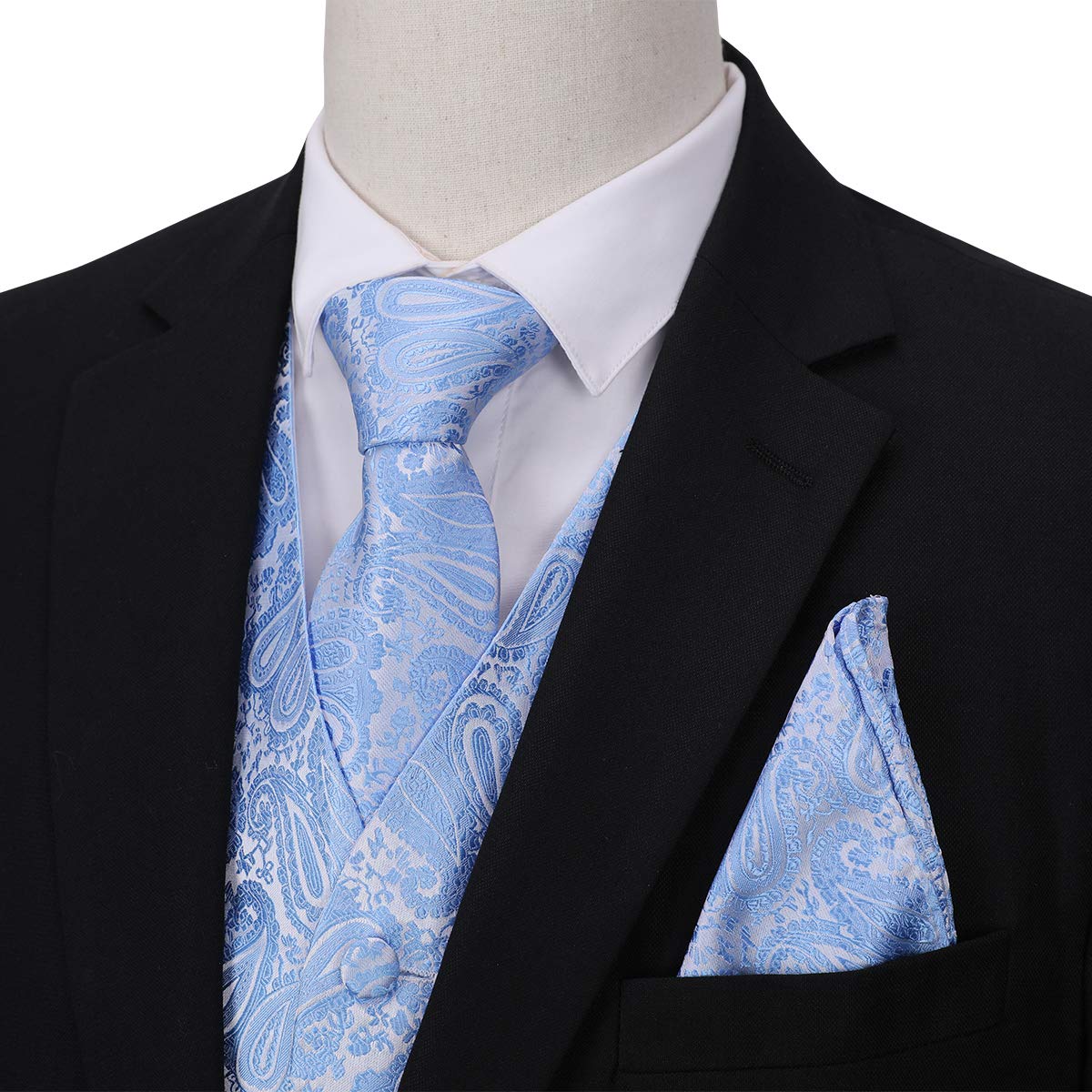 YFFUSHI Men's 3pc Vest Set Floral Waistcoat Necktie Pocket Square Light Blue