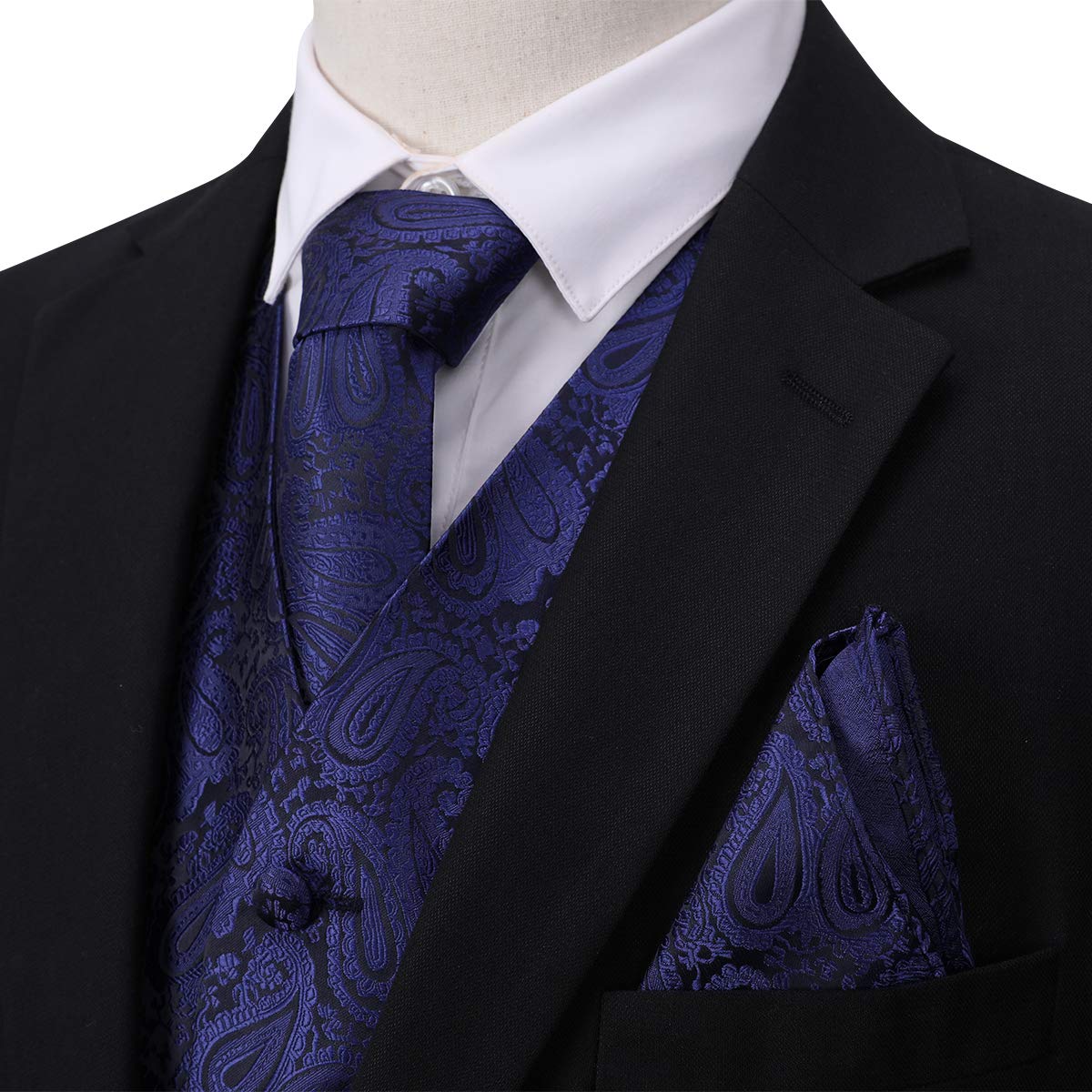 YFFUSHI Men's 3pc Vest Set Floral Waistcoat Necktie Pocket Square Navy