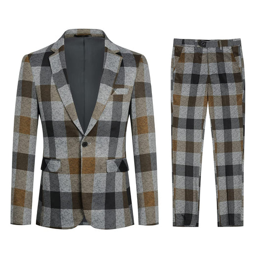 YFFUSHI Mens Plaid 2 Piece Suit Set Blazer Jacket Tux Suit Pants Yellow Gray