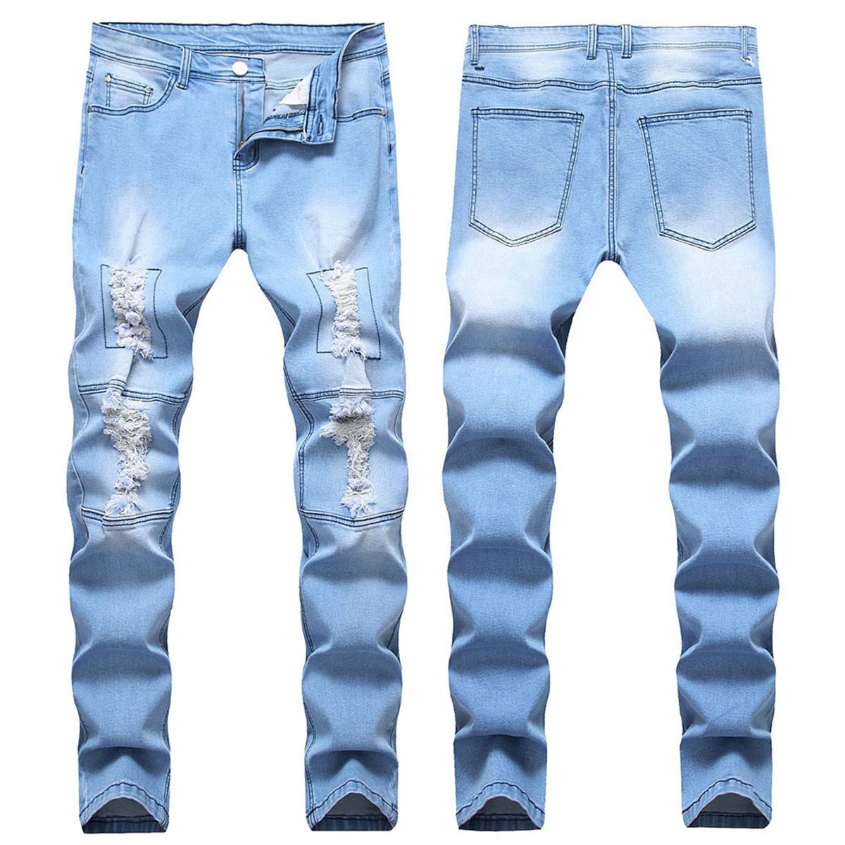 YFFUSHI Men's Ripped Distressed Destroyed Slim Fit Straight Leg Fold Denim Jeans Light Blue