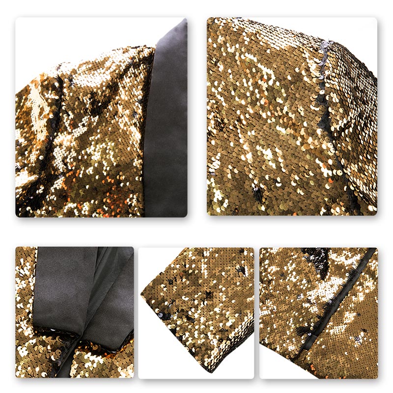 Mens Buttonless Reversible Sequins Gold & Black Blazer With Black Satin Collar