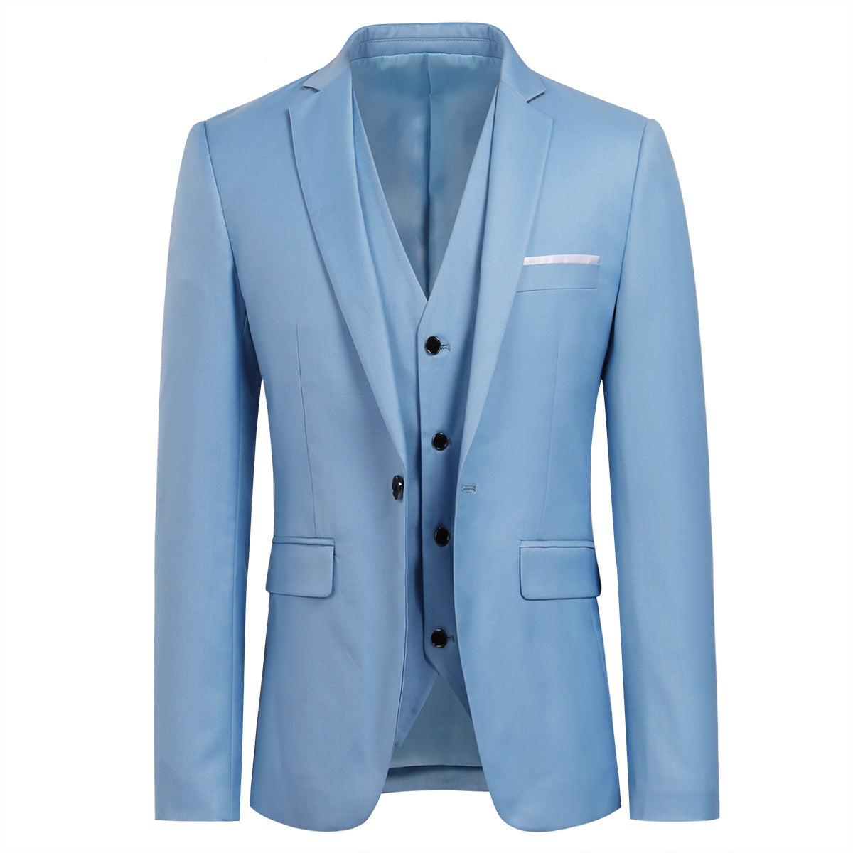 YFFUSHI Mens 3 Piece Suit Slim Fit One Button Solid Color Formal Dress Light Blue