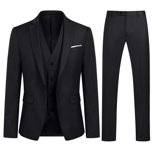 YFFUSHI Mens 3 Piece Suit Slim Fit One Button Solid Color Formal Dress Black