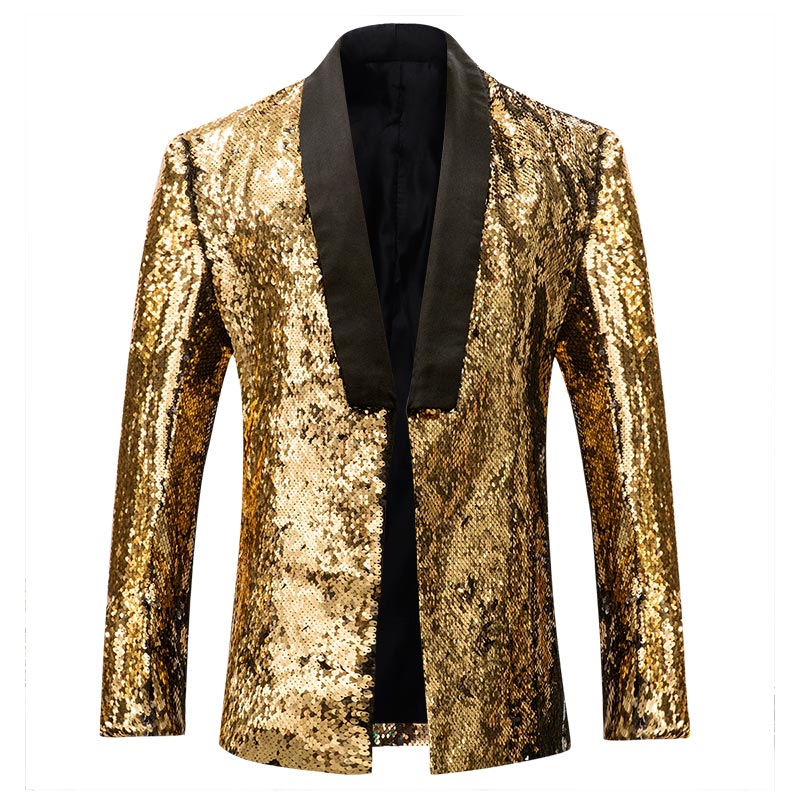 Mens Buttonless Reversible Sequins Gold & Black Blazer With Black Satin Collar