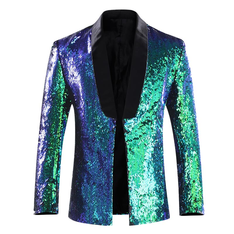 Mens Buttonless Reversible Sequins Bluish & Green Blazer With Black Satin Collar