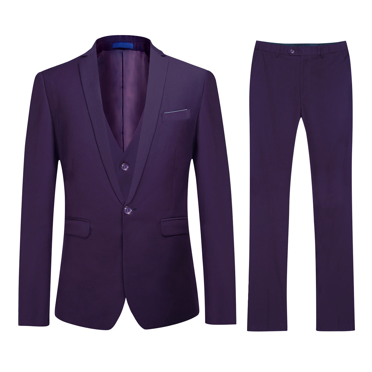 YFFUSHI Men's Slim Fit 3 Piece Suit One Button Suits Blazer Tux Vest & Trousers Purple