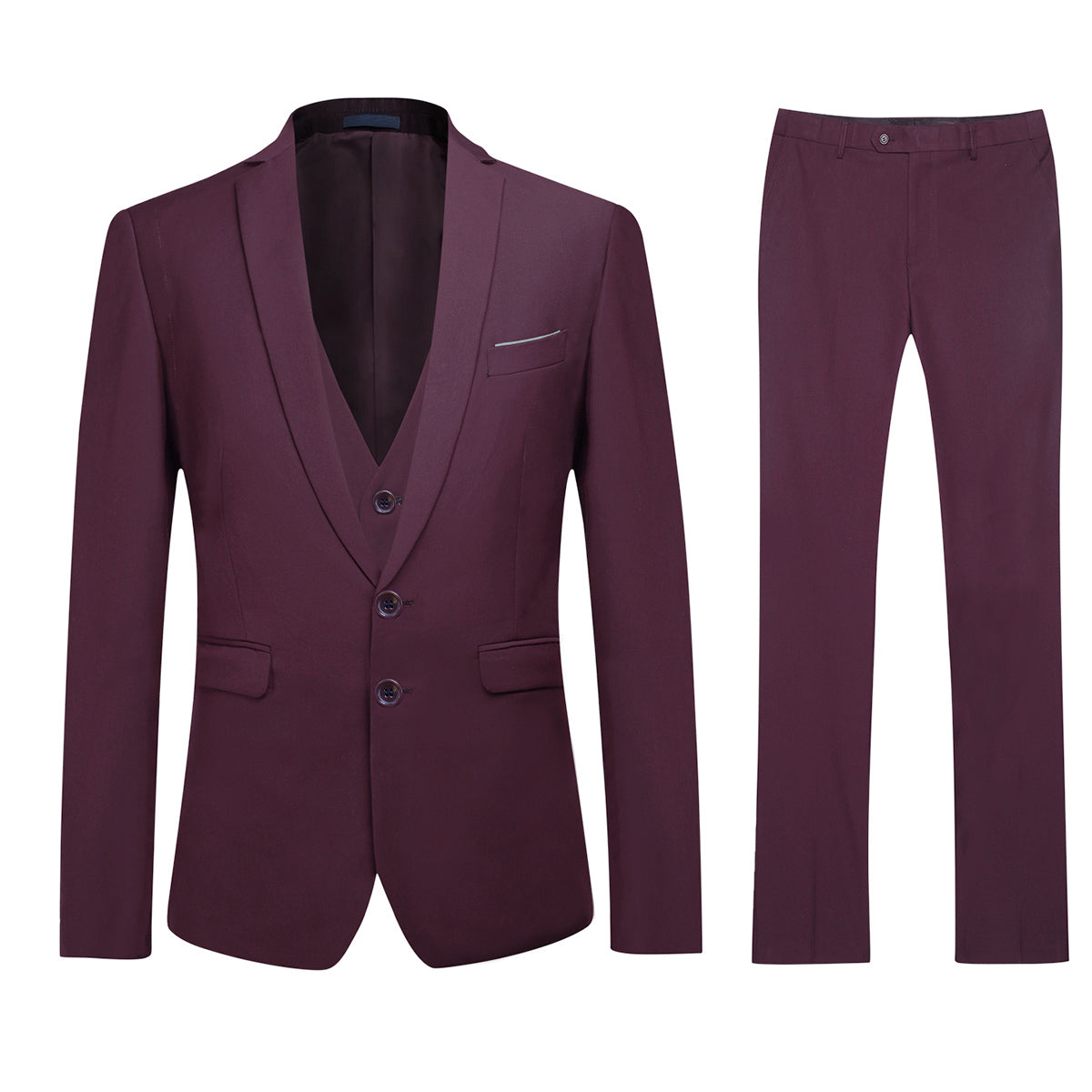 YFFUSHI Mens 3 Piece Suit Set 2 Button Dress Suit for Meeting Prom Party Dark Red