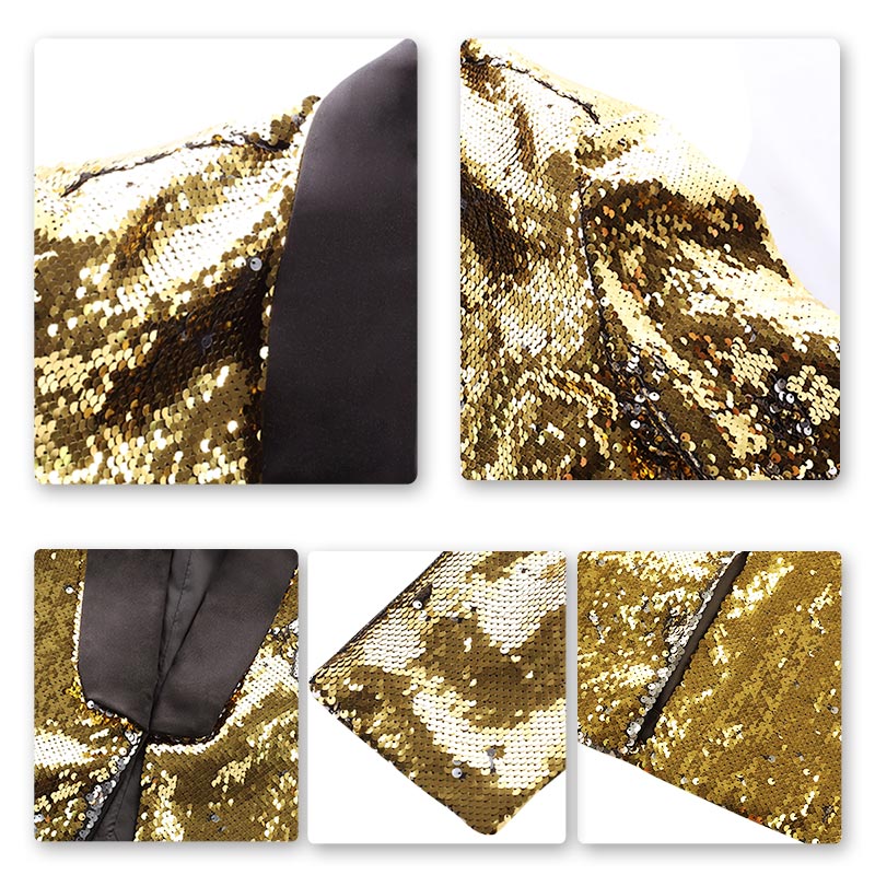 Mens Buttonless Reversible Sequins gold & silver Blazer With Black Satin Collar