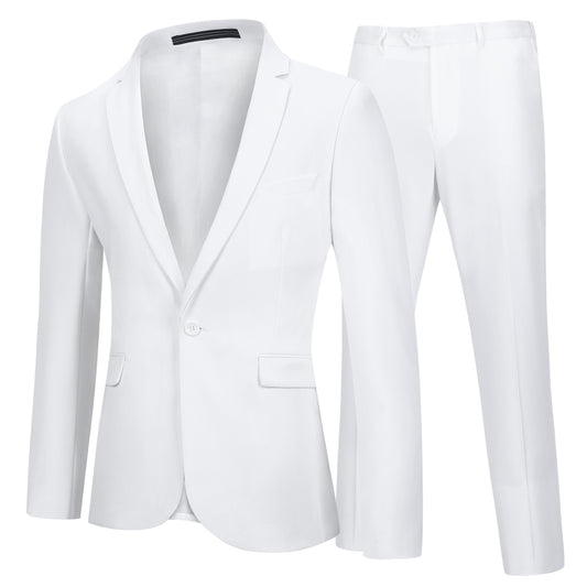 YFFUSHI Mens 2 Piece Suits One Button Formal Slim Fit Solid Color Wedding Tuxedo White