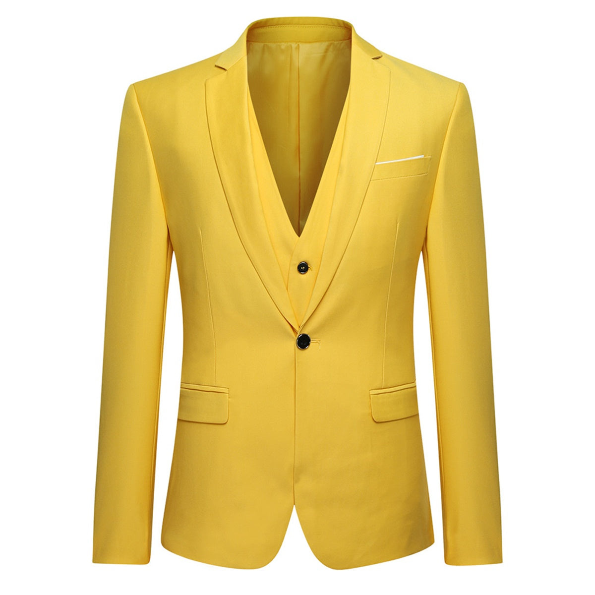 YFFUSHI Mens 3 Piece Suit Slim Fit One Button Solid Color Formal Dress Yellow