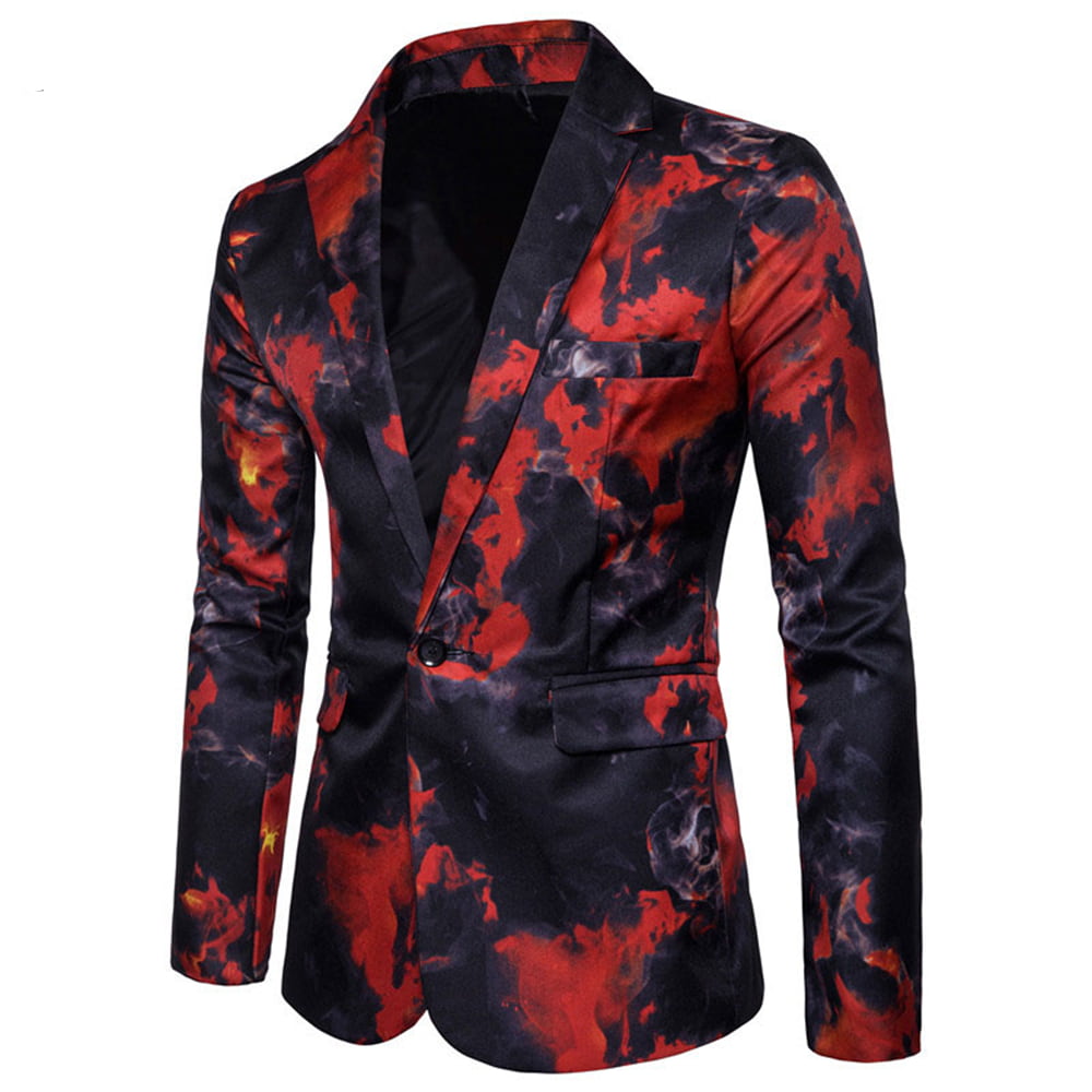 YFFUSHI Mens Slim Fit Flame Printed Blazer Red