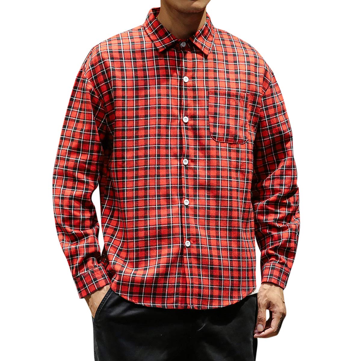 YFFUSHI Mens Plaid Checked Shirt Long Sleeve Casual Regular Fit Cotton Comfort Top Red