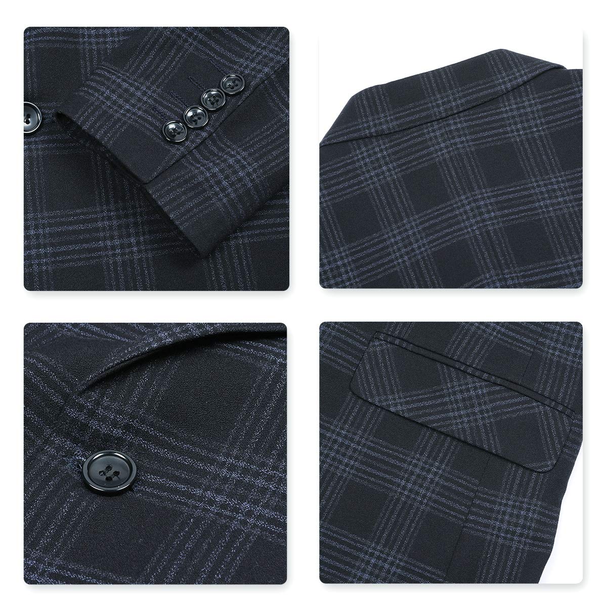 YFFUSHI Mens Plaid 3 Piece Suits Double Breasted Retro Slim Dress Blue Black