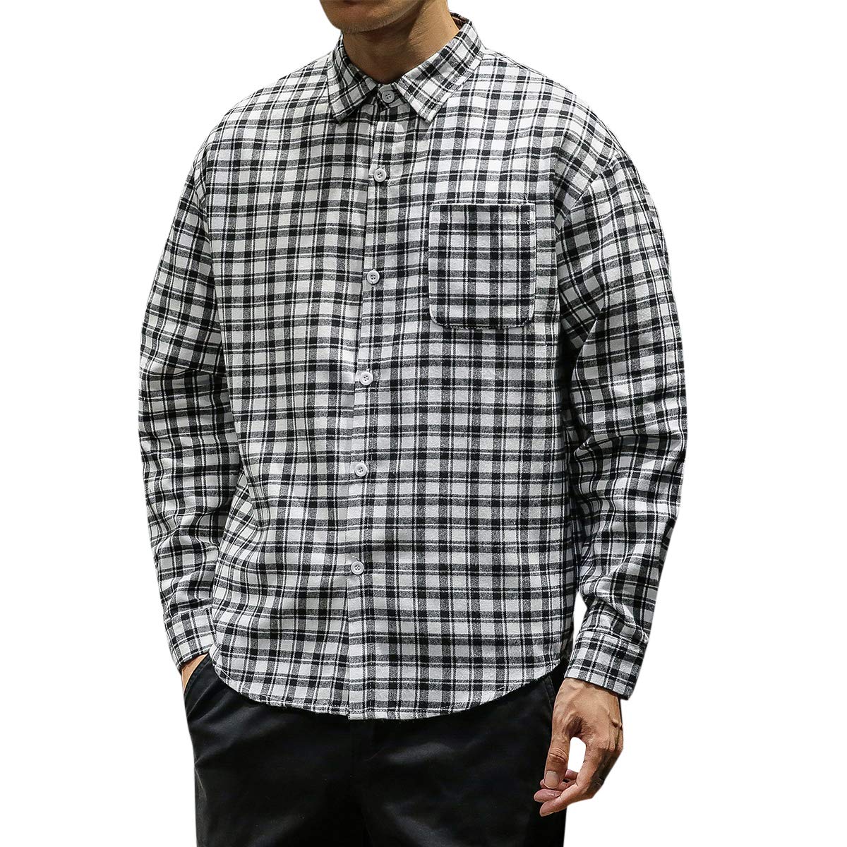 YFFUSHI Mens Plaid Checked Shirt Long Sleeve Casual Regular Fit Cotton Comfort Top Black