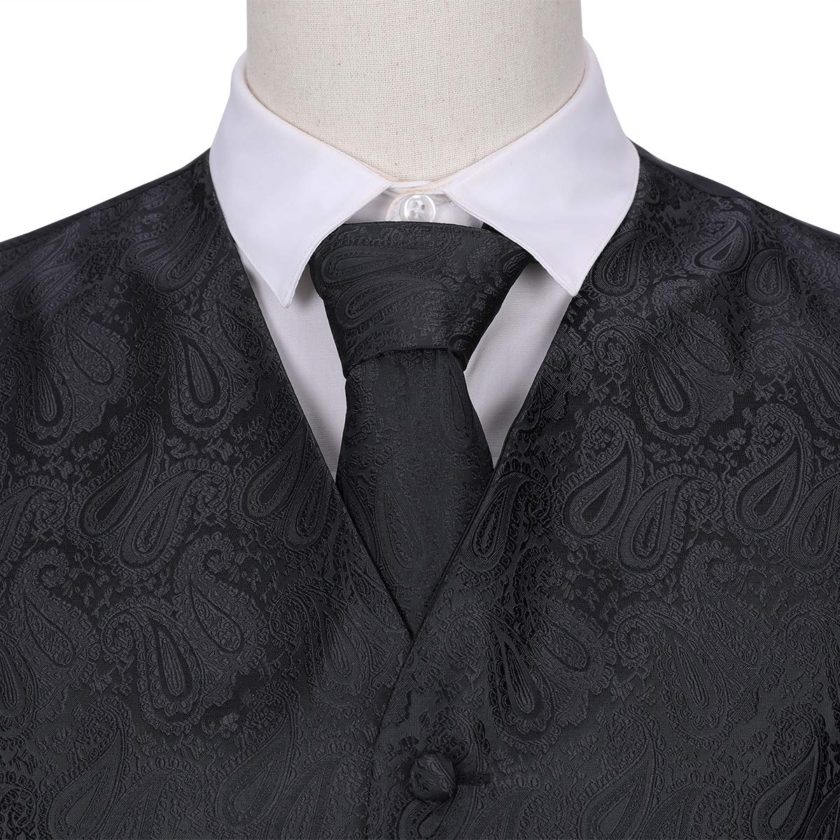 YFFUSHI Men's 3pc Vest Set Floral Waistcoat Necktie Pocket Square Black