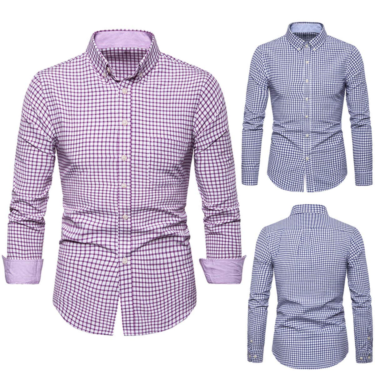 YFFUSHI Mens Cotton Long Sleeves Slim Fit Casual Plaid Stripes Button Down Dress Shirts Plaid-pink