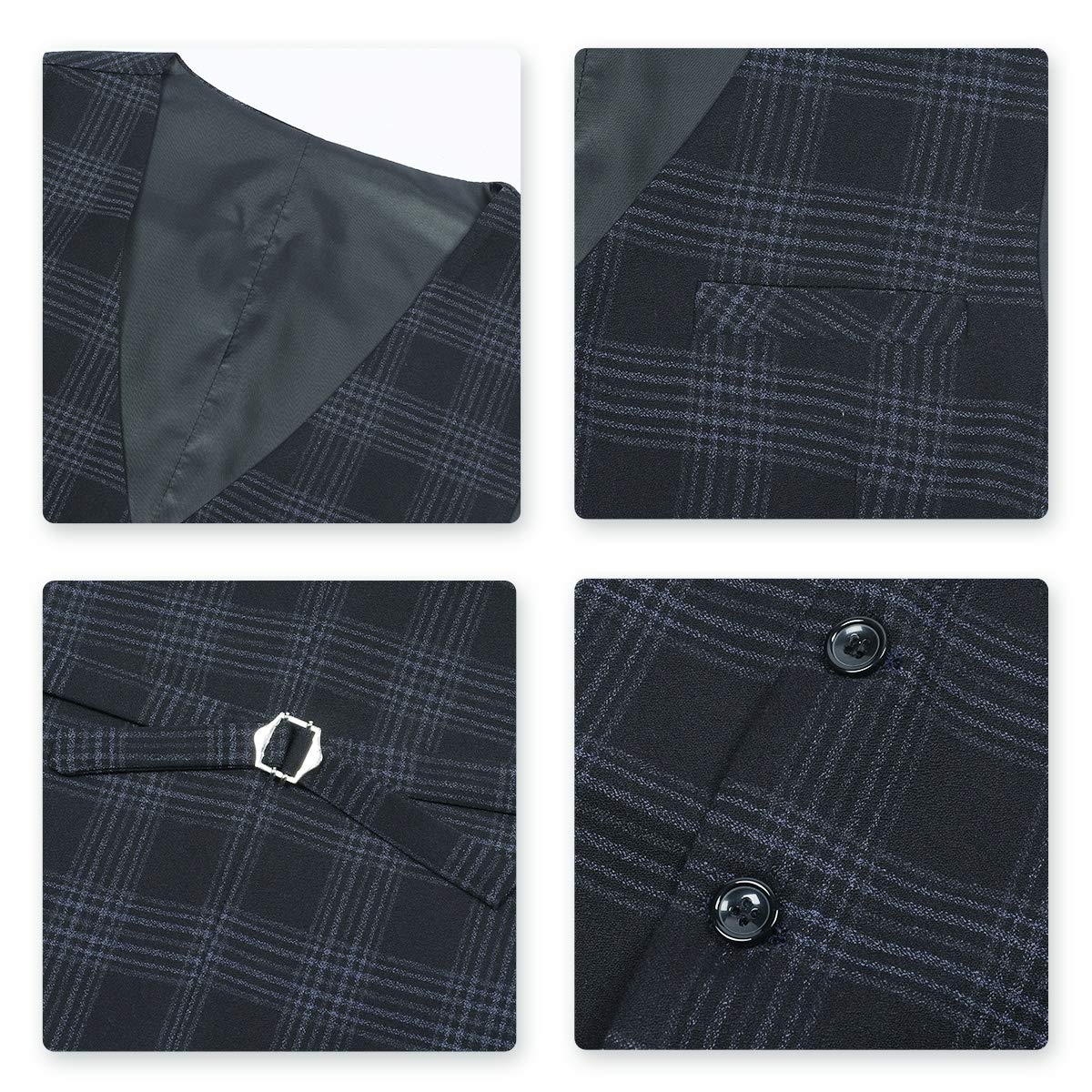 YFFUSHI Mens Plaid 3 Piece Suits Double Breasted Retro Slim Dress Blue Black