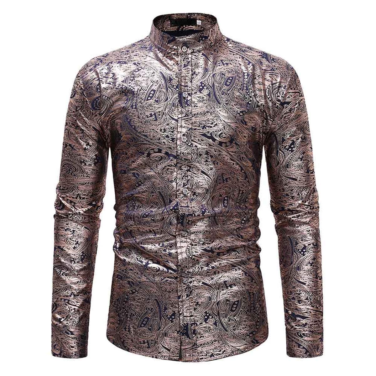 YFFUSHI Men's Gold Printed Long Sleeve Shirts Stand Collar Casual Button Down Shirt Deep Blue