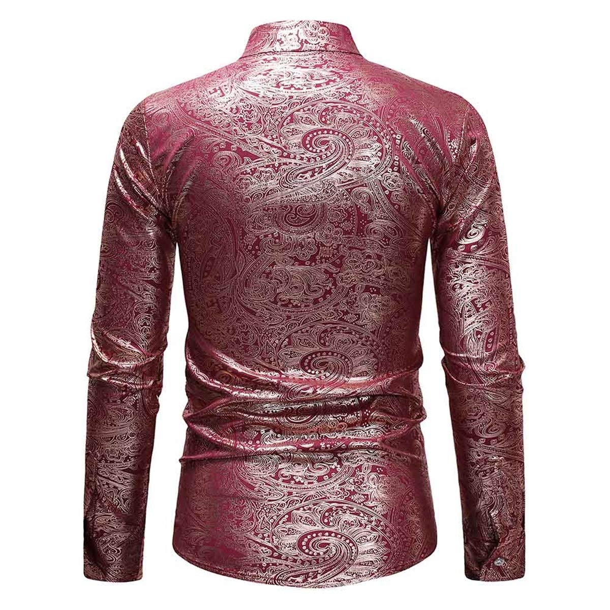 YFFUSHI Men's Gold Printed Long Sleeve Shirts Stand Collar Casual Button Down Shirt Red