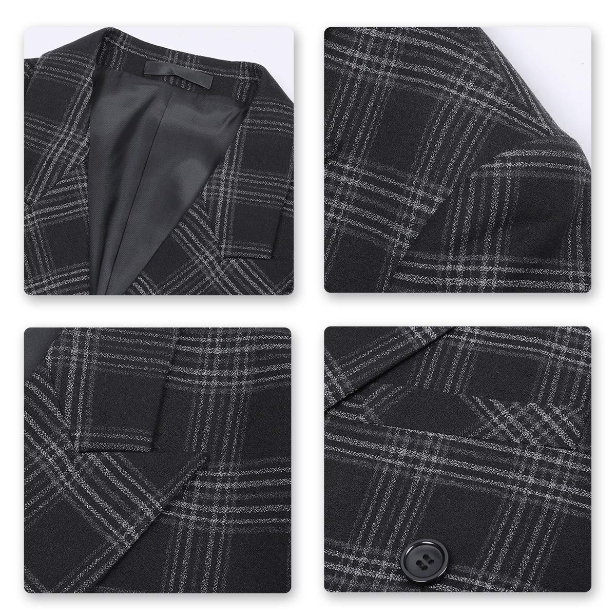 YFFUSHI Mens Plaid 3 Piece Suits Double Breasted Retro Slim Dress Gray Black