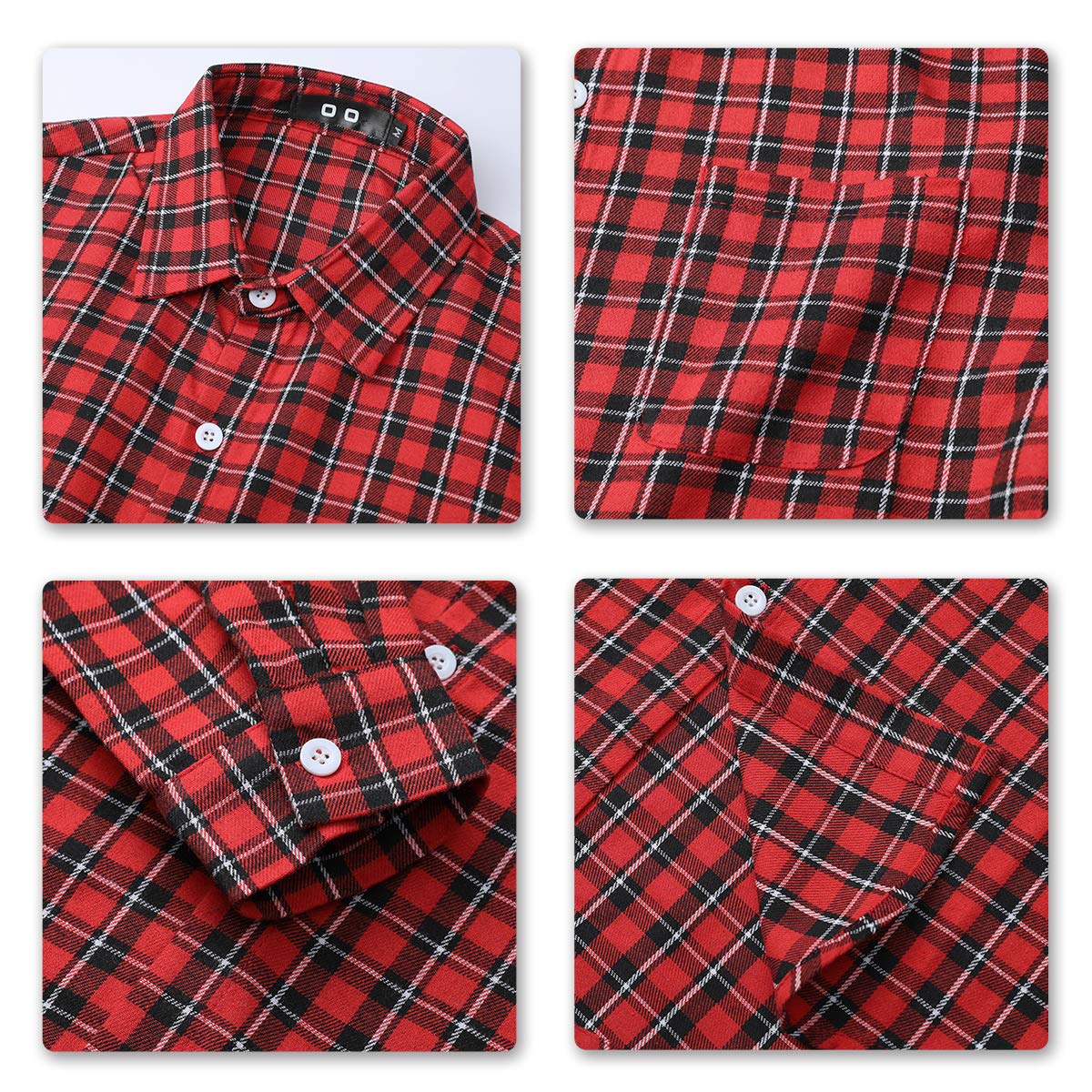 YFFUSHI Mens Plaid Checked Shirt Long Sleeve Casual Regular Fit Cotton Comfort Top Red