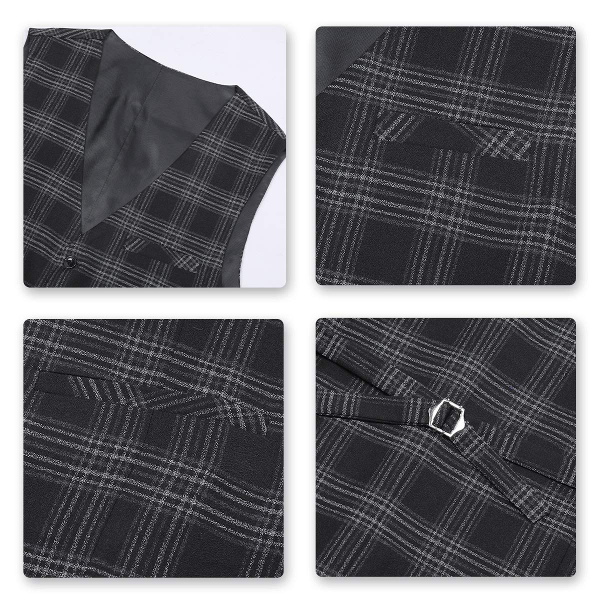 YFFUSHI Mens Plaid 3 Piece Suits Double Breasted Retro Slim Dress Gray Black