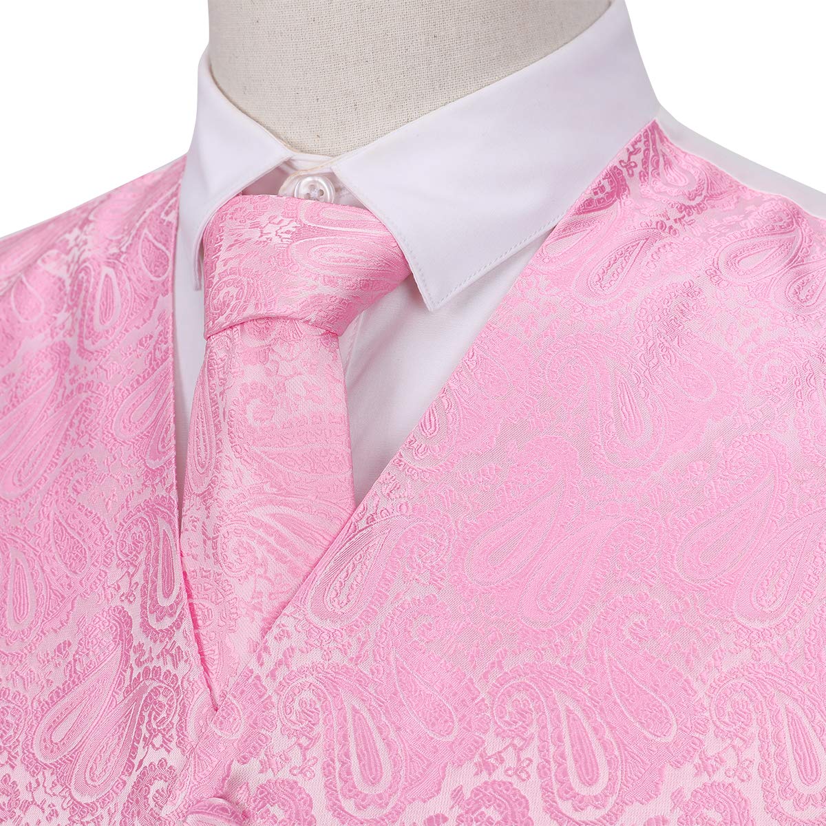 YFFUSHI Men's 3pc Vest Set Floral Waistcoat Necktie Pocket Square Pink