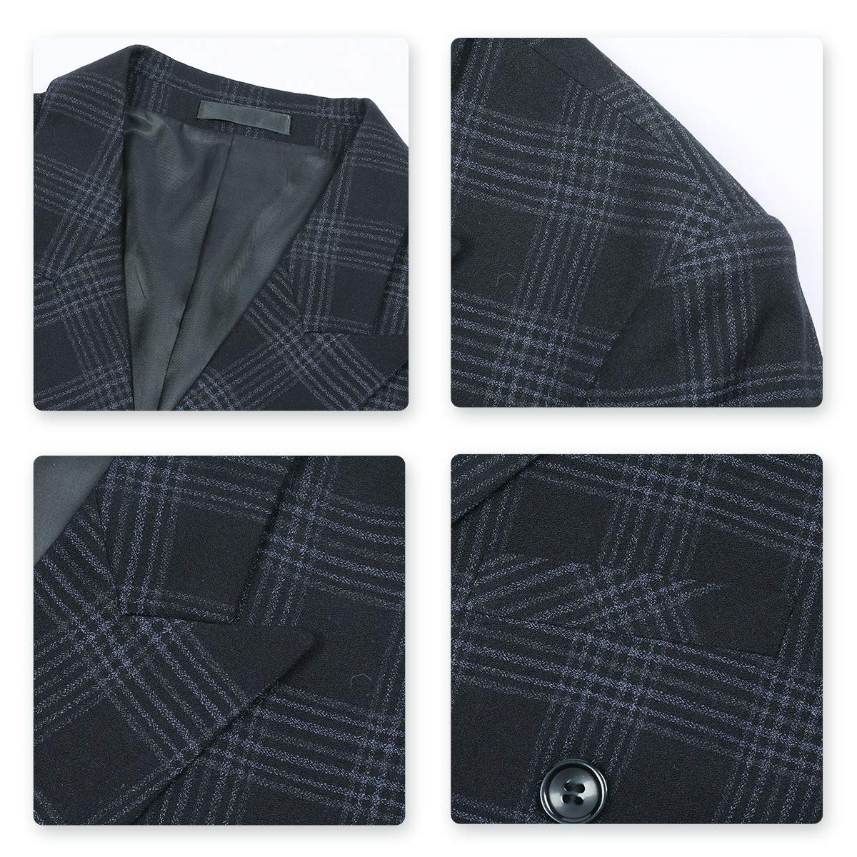 YFFUSHI Mens Plaid 3 Piece Suits Double Breasted Retro Slim Dress Blue Black