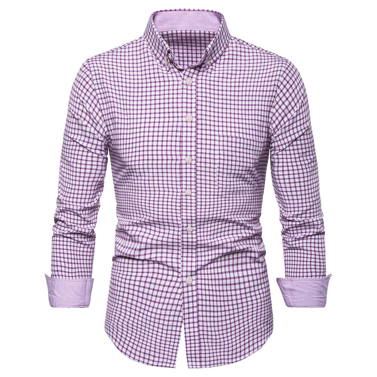 YFFUSHI Mens Cotton Long Sleeves Slim Fit Casual Plaid Stripes Button Down Dress Shirts Plaid-pink