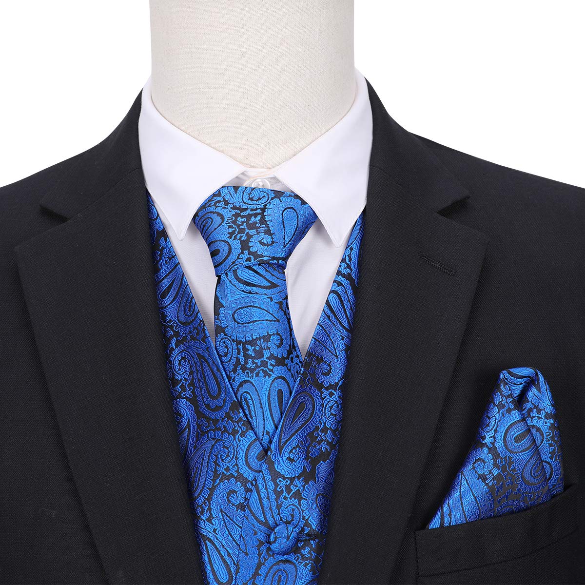 YFFUSHI Men's 3pc Vest Set Floral Waistcoat Necktie Pocket Square Blue