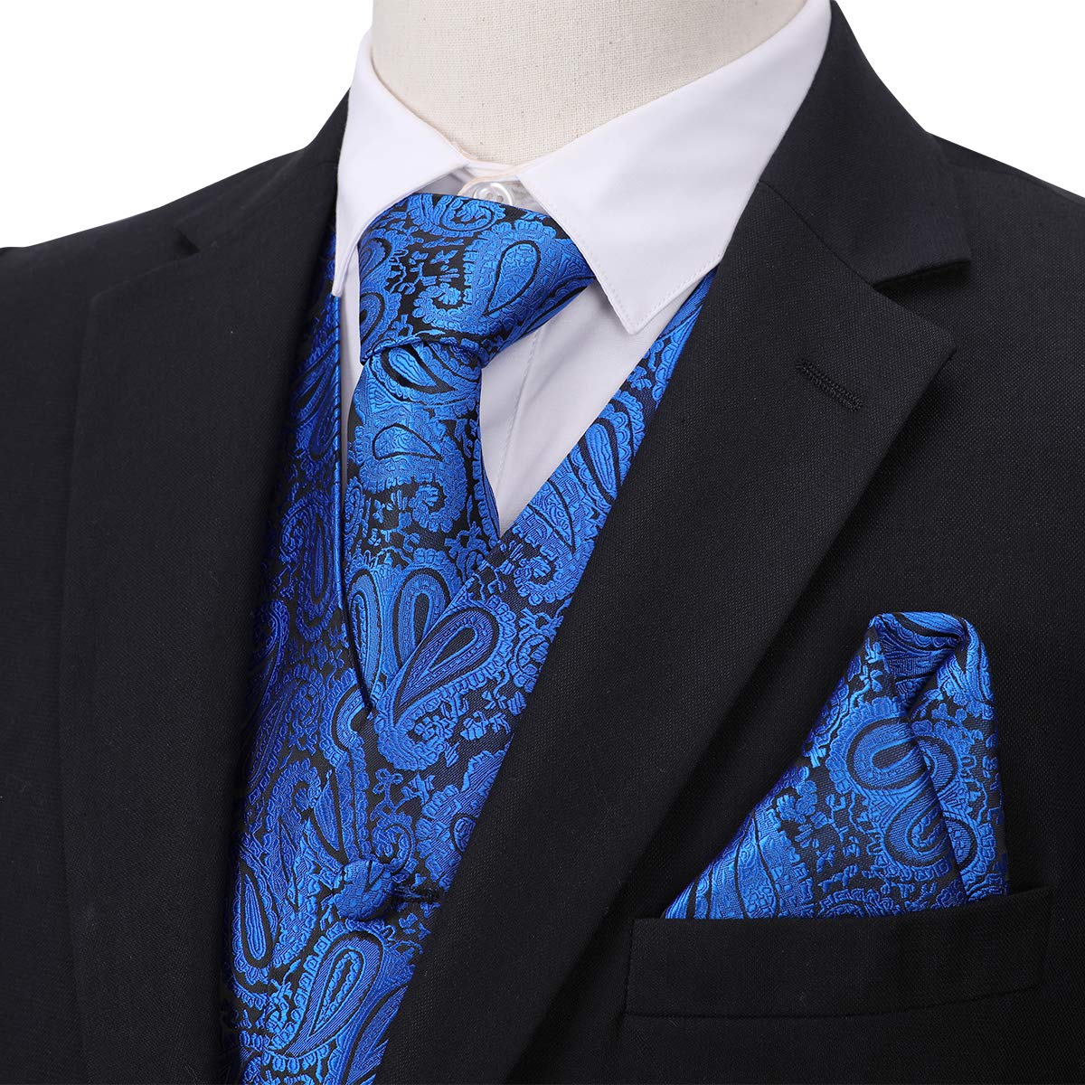 YFFUSHI Men's 3pc Vest Set Floral Waistcoat Necktie Pocket Square Blue