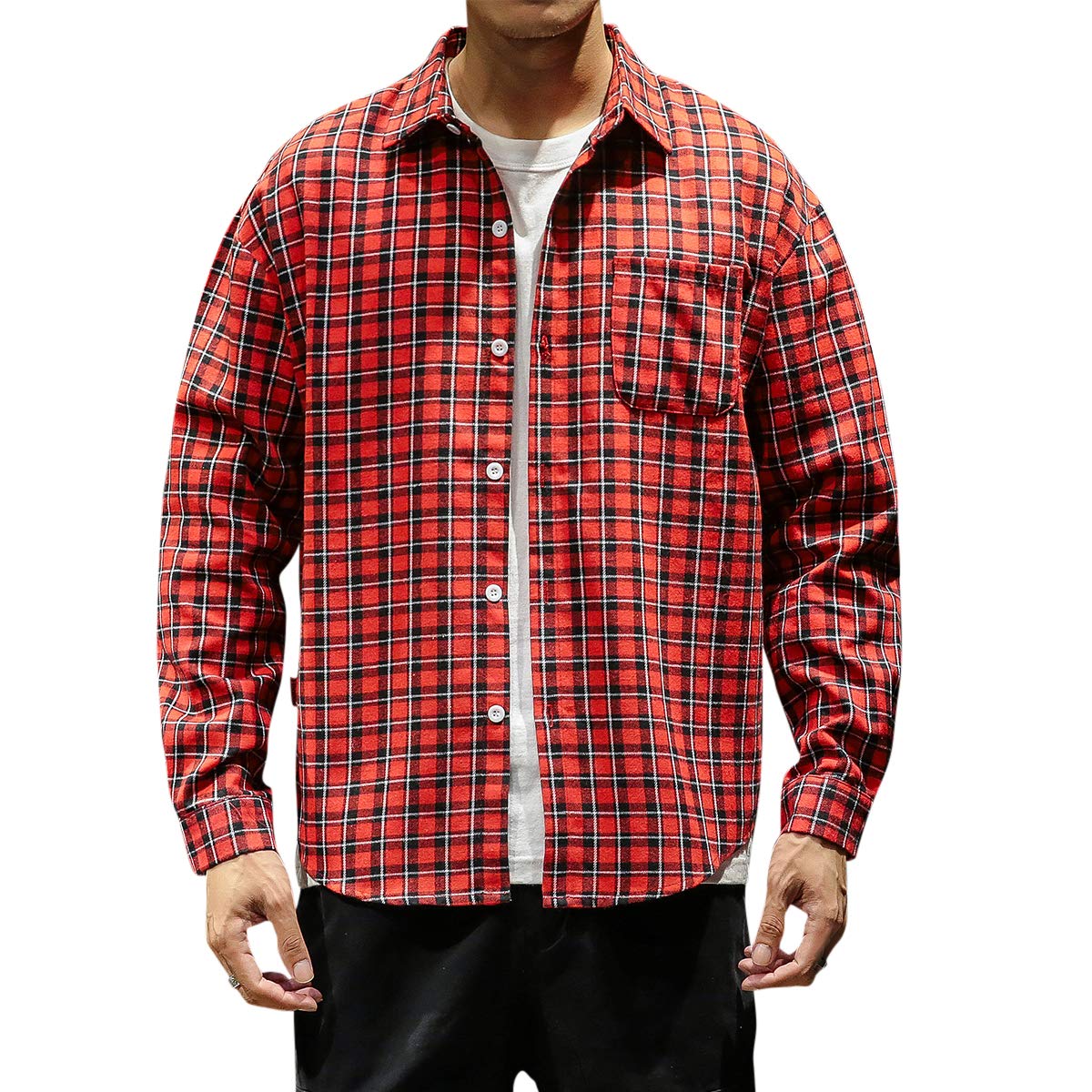 YFFUSHI Mens Plaid Checked Shirt Long Sleeve Casual Regular Fit Cotton Comfort Top Red