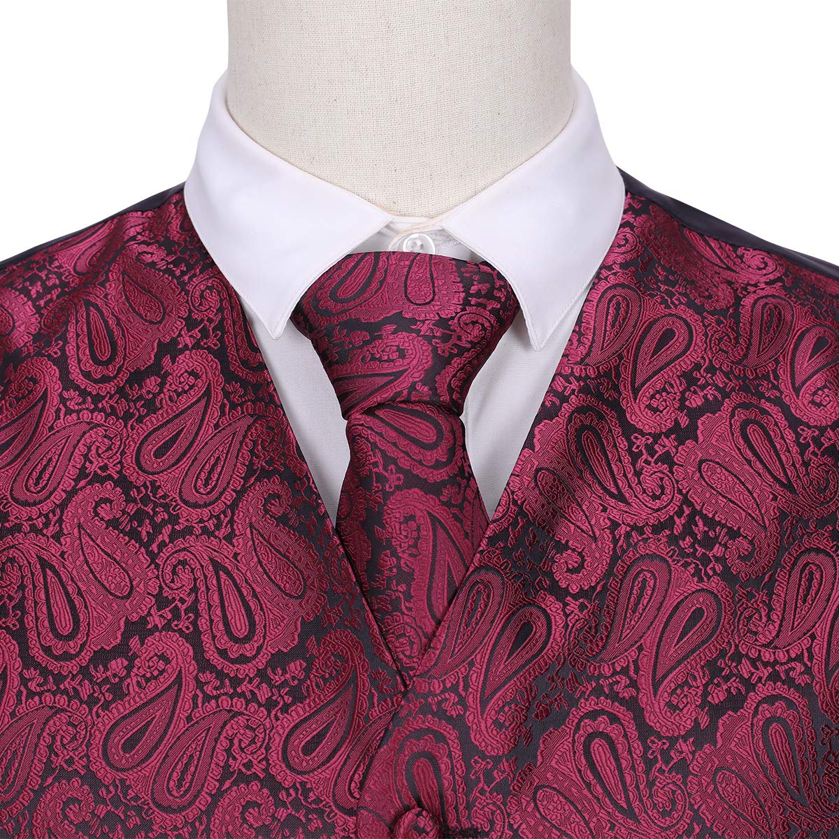 YFFUSHI Men's 3pc Vest Set Floral Waistcoat Necktie Pocket Square Wine Red