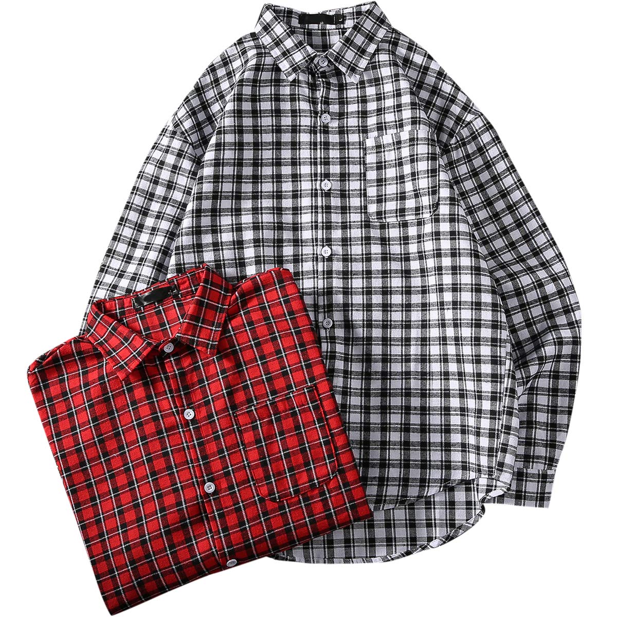 YFFUSHI Mens Plaid Checked Shirt Long Sleeve Casual Regular Fit Cotton Comfort Top Black