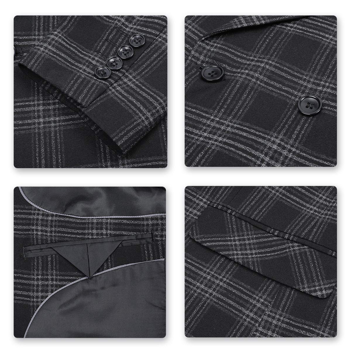 YFFUSHI Mens Plaid 3 Piece Suits Double Breasted Retro Slim Dress Gray Black