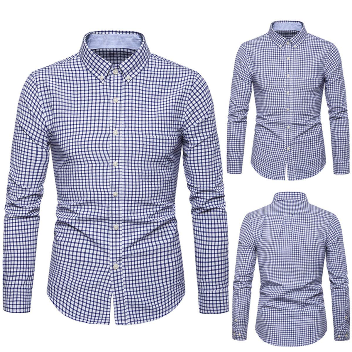 YFFUSHI Mens Cotton Long Sleeves Slim Fit Casual Plaid Stripes Button Down Dress Shirts Plaid-blue